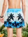 SHEIN Teenage Boys Coconut Tree Printed Casual Vacation Style Swimming Trunks