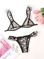 Floral Pattern Mesh Lingerie Set