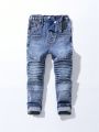 Boys' Cool Shirred Patchwork Elastic Slim Fit Jeans For Streetwear Style