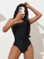 SHEIN Swim Chicsea Women's One Shoulder Ruffle Decoration One-piece Swimsuit