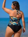 SHEIN Swim Classy Plus Size Tropical Print Knot Back Halter Top And Triangle Panty Bikini Set