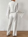 SHEIN BAE Solid Color Splicing Fringed Flare Sleeve Suit