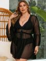 SHEIN Swim Vcay Plus Size Women'S Waist Tie Sheer Mesh Kimono