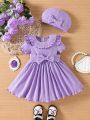 SHEIN Infant Girls' Casual Knitted Solid Color Butterfly Bow Decor Short Sleeve Dress With Ruffled Hem + Hat Set