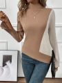 SHEIN LUNE Color Block Stand Collar Asymmetric Hem Sweater