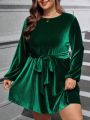 SHEIN LUNE Plus Size Velvet Lantern Sleeve Belted Dress