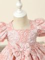 Baby Girl Jacquard Puff Sleeve Bow Front Gown Dress