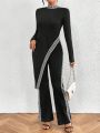 SHEIN Privé Colorblock High Slit Top And Flare Pants Set