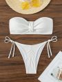 SHEIN Swim Basics Plain-colored Strapless Bandeau Bikini Set With Front Knot And Side Tie Detail
