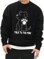 Men's Fleece Pullover Sweatshirt With Slogan And Puppy Print