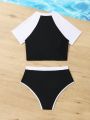 Teenage Girls' Black & White Color Block Short Sleeve Zipper Front One-Piece Swimsuit