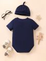 2pcs Baby Boys' Tie Printed Romper With Hat, Spring Summer Outfits