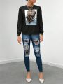 Women's Character Print Sweatshirt And Leopard Print Leggings Set