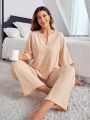 Solid Color Notched Collar Loose Fit Casual Home Wear Set