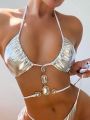 SHEIN Swim BAE Women'S Metallic Halter Neck Tie Bikini Top