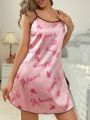 Letter Print Spaghetti Strap Satin Nightdress