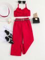 SHEIN Kids QTFun Little Girls' Bow Knot Decorated Vest And Wide Leg Pants Set