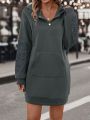 Kangaroo Pocket Lace Patched Drop Shoulder Drawstring Hooded Sweatshirt Dress