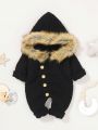 Baby Girls' Button-front Plush Hooded Jumpsuit With Sweater Attached Hood And Footies