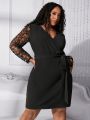 SHEIN CURVE+ Plus Size Wrap Neck Belted Lace Sleeve Midi Dress