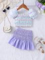 Baby Girl Plaid Cross Wrap Top And Purple Skirt Set