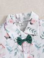 SHEIN Kids FANZEY Young Boy Bunny & Plant Printed Shirt With Solid Color Shorts Gentleman Outfit Set