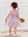 SHEIN Baby Girls' Casual Knitted Polka Dot Mesh Splice Long Sleeve Dress & Short Sleeve Dress Set