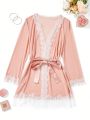 Women's Fashionable Pink Robe With Lace Trim