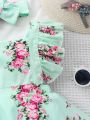 Baby Allover Floral Print Ruffle Trim Combo Bodysuit Dress & Headband