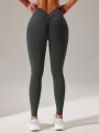 Yoga Basic Seamless Back V-Waist Pleated Sports Leggings