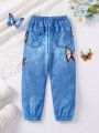 SHEIN Kids EVRYDAY Toddler Girls' Casual Everyday Imitation Denim Print Thin Velvet Overalls Pants For Autumn And Winter