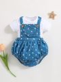 SHEIN Baby Girls' Polka Dot Pattern Casual Bodysuit With Suspenders