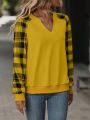 Women'S Plaid Patchwork Raglan Sleeve Sweatshirt With Notched Collar