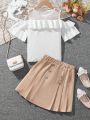 SHEIN Kids EVRYDAY Tween Girls' Ladylike Top & Pleated Skirt Set