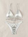 SHEIN Swim BAE Rhinestone Decor Silver Metallic Bikini Swimwear Set