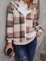 Plaid Pattern Drawstring Hooded Teddy Jacket