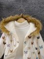 SHEIN Kids EVRYDAY Young Girl Butterfly Print Fuzzy Trim Hooded Thermal Lined Coat Without Sweater