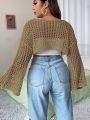 1pc Mesh Knit Cropped Sweater With Bell Sleeves