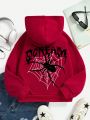 SHEIN Teen Girl Spider Web & Letter Graphic Kangaroo Pocket Drawstring Thermal Lined Hoodie