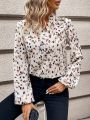 SHEIN LUNE Printed Lantern Sleeve Blouse With Notched Collar