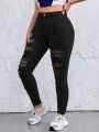 SHEIN ICON Plus Size Women's Black Distressed Skinny Pants