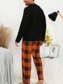 Men's Solid Color Long Sleeve T-shirt And Plaid Pants Pajama Set