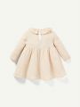 Cozy Cub 2pcs Baby Girls' Round Neck Ruffle & Hollow Out Detail Long Sleeve Dress With Waist Tightening Design