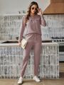 SHEIN LUNE Women's Solid Color Round Neck Long Sleeve Top And Long Pants 2pcs Set