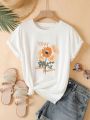 Women's Large Size Floral Letter Pattern Round Neck Short Sleeve T-shirt