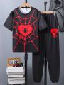 Teenage Boys' Spider Web Printed Short Sleeve T-Shirt And Long Pants Set