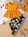 SHEIN Kids SUNSHNE Little Girls' Knit Solid Color Flying Sleeve Top With Round Collar And Floral Pattern Knit Pants Set