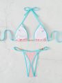 SHEIN Swim Vcay Binding Trim Pearl Decor Chain Linked Halter Micro Bra Bikini Swimsuit