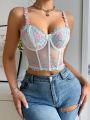 1pc Women's Floral Embroidery Sheer Mesh Bra With Underwire