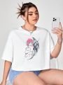 Cindy Amano Plus Figure Graphic Drop Shoulder Crop Tee